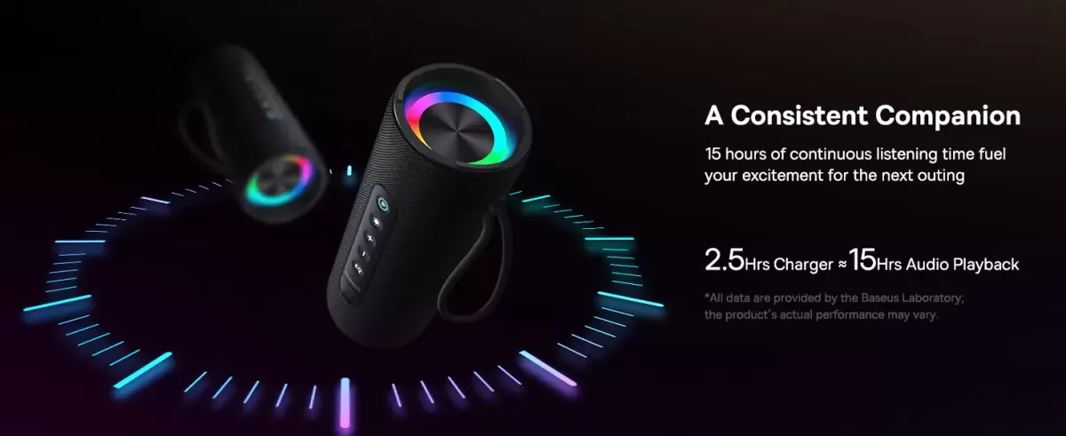 سماعات بلوتوث Baseus AeQur Series VO20 مع إضاءة RGB المحيطة | BT 5.3، وقت تشغيل 15 ساعة، صوت ستيريو عالٍ 15 وات، جهير عميق - أسود