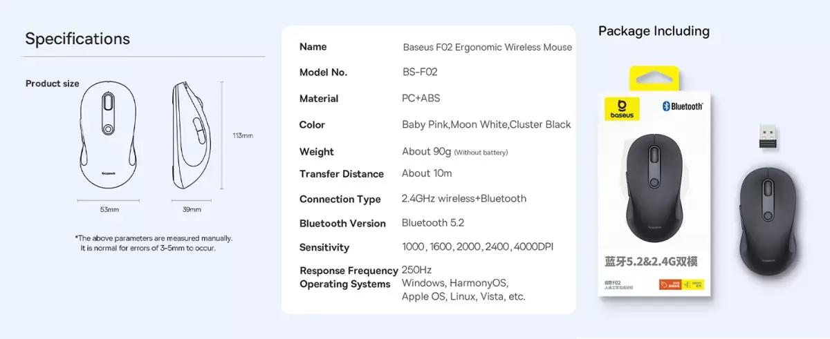  Baseus F02 ماوس لاسلكي مزدوج الوضع مريح | اتصال بلوتوث 5.2 و2.4 جيجا هرتز، أزرار صامتة، 5 أوضاع DPI
