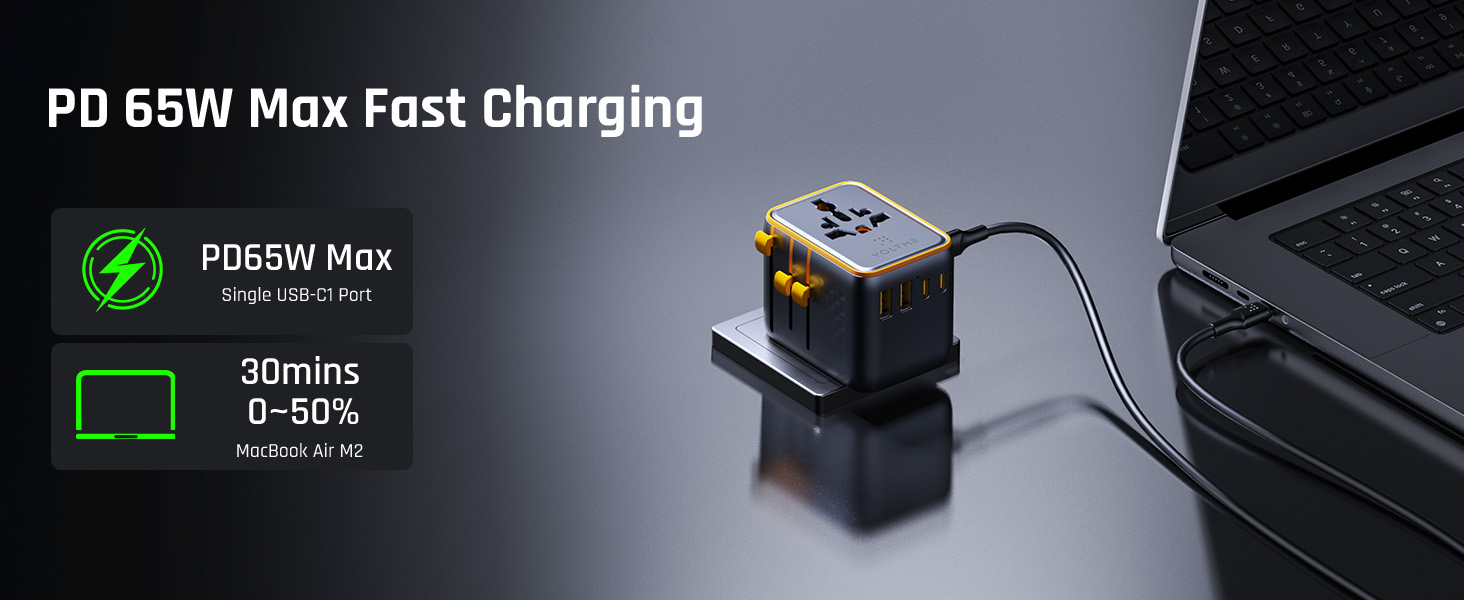 فولت مي محول سفر عالمي 7 في 1 بقوة 65 واط – شاحن GaN سريع مع 3 منافذ USB