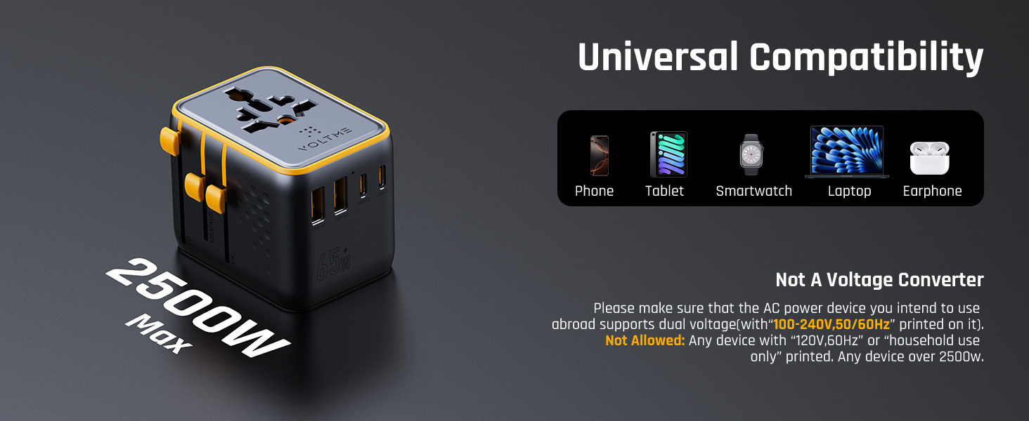 فولت مي محول سفر عالمي 7 في 1 بقوة 65 واط – شاحن GaN سريع مع 3 منافذ USB