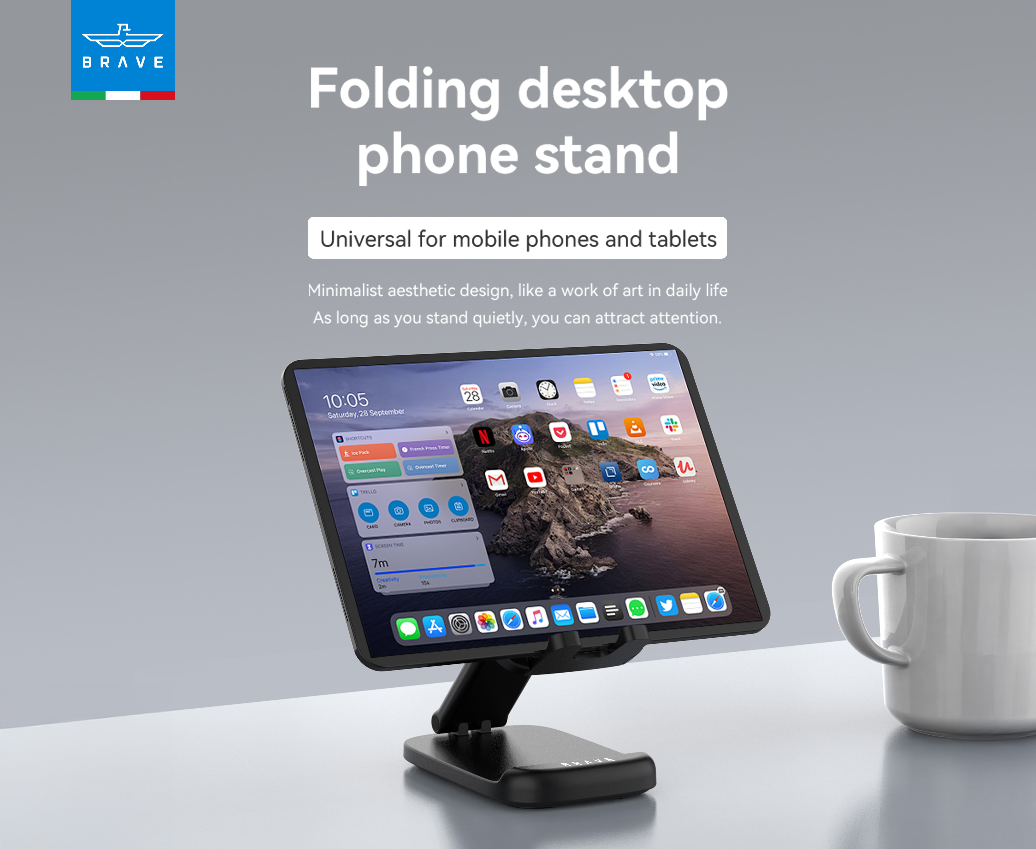 حامل BRAVE القابل للطي 2 في 1 للهاتف والتابلت – بحجم الجيب، قاعدة معدنية، متوافق مع iPhone وSamsung وiPad Mini وPixel – أسود