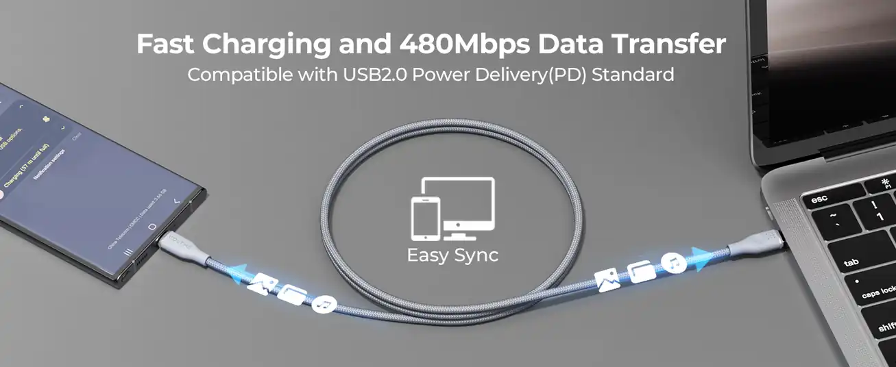 كابل Voltme Powerlink Rugg مزدوج من النايلون من النوع C إلى النوع C 5A /1M (100W) رمادي Emarker