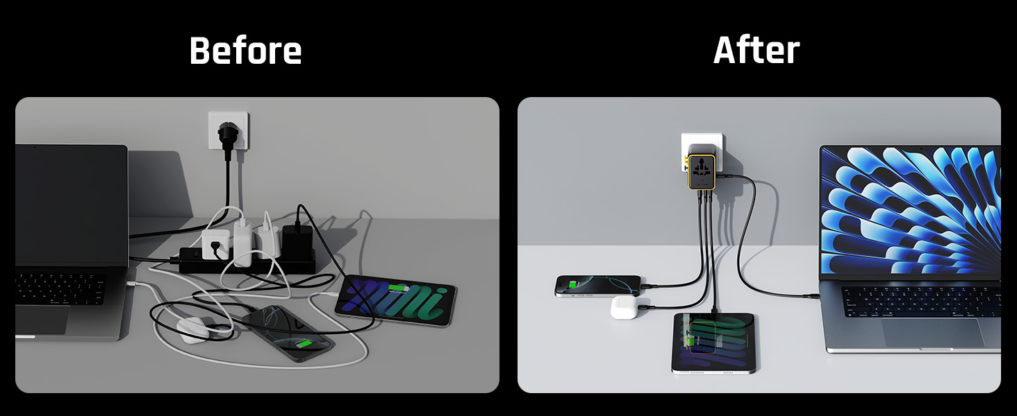 فولت مي محول سفر عالمي 7 في 1 بقوة 65 واط – شاحن GaN سريع مع 3 منافذ USB