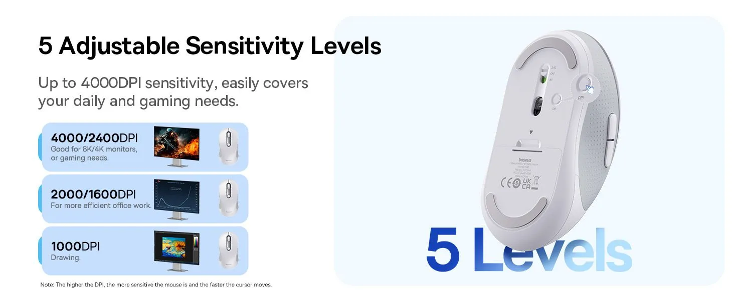 Baseus F02 ماوس لاسلكي مزدوج الوضع مريح | اتصال بلوتوث 5.2 و2.4 جيجا هرتز، أزرار صامتة، 5 أوضاع DPI