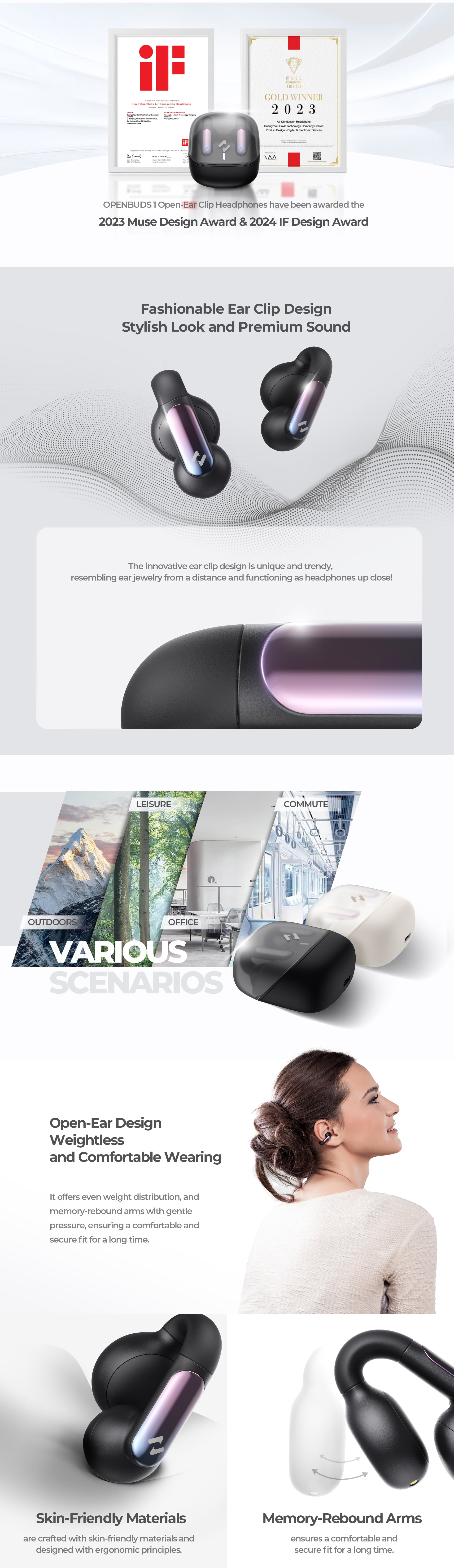 سماعات HAVIT OpenBuds مفتوحة الأذن FreeClip بتقنية بلوتوث 5.3 مع إلغاء ضوضاء ذكي AI، اتصال مزدوج، تحكم باللمس، شحن Type