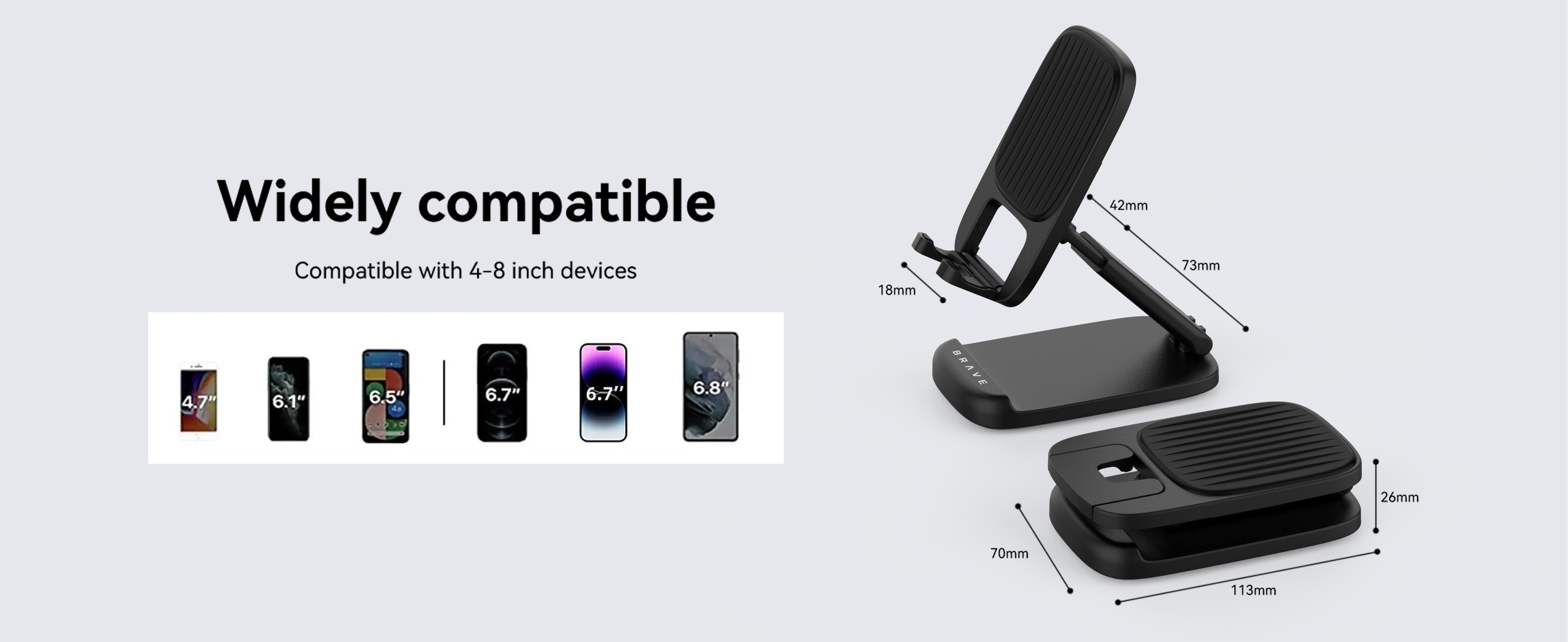 حامل BRAVE القابل للطي 2 في 1 للهاتف والتابلت – بحجم الجيب، قاعدة معدنية، متوافق مع iPhone وSamsung وiPad Mini وPixel – أسود