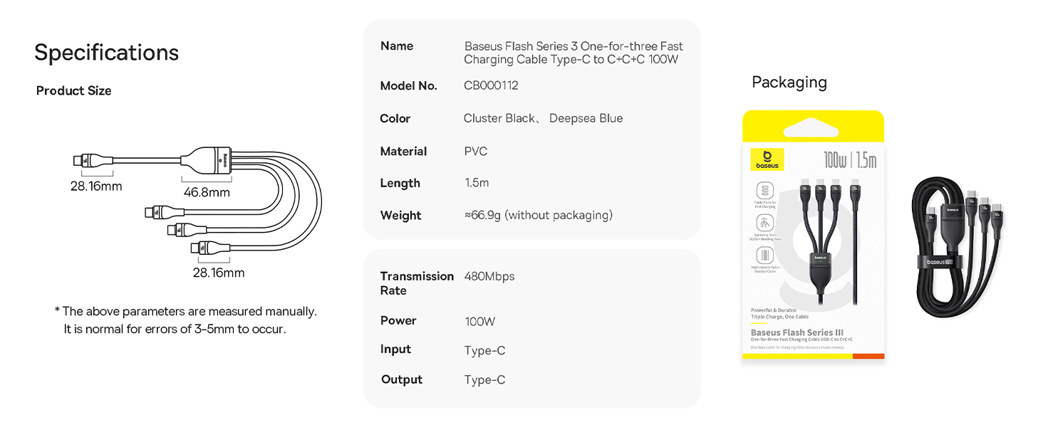 كابل Baseus Flash Series 3 100W واحد مقابل ثلاثة كابل شحن سريع من النوع C إلى C+C+C