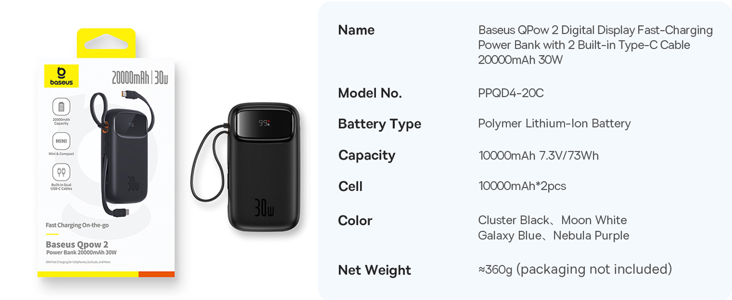 Baseus QPow2 20000mAh Digital Display Fast Charge Power Bank 30W With Built-in Dual Type-C Cable