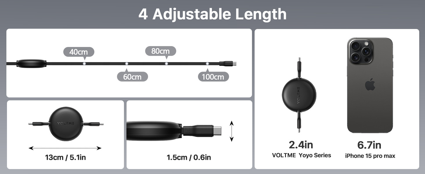 Voltme Powerlink YoYo Retractable Type-C to Type-C Cable - 60W PD 3.0 Super Fast Charging, Dual-Way, 3A, 1M - Black