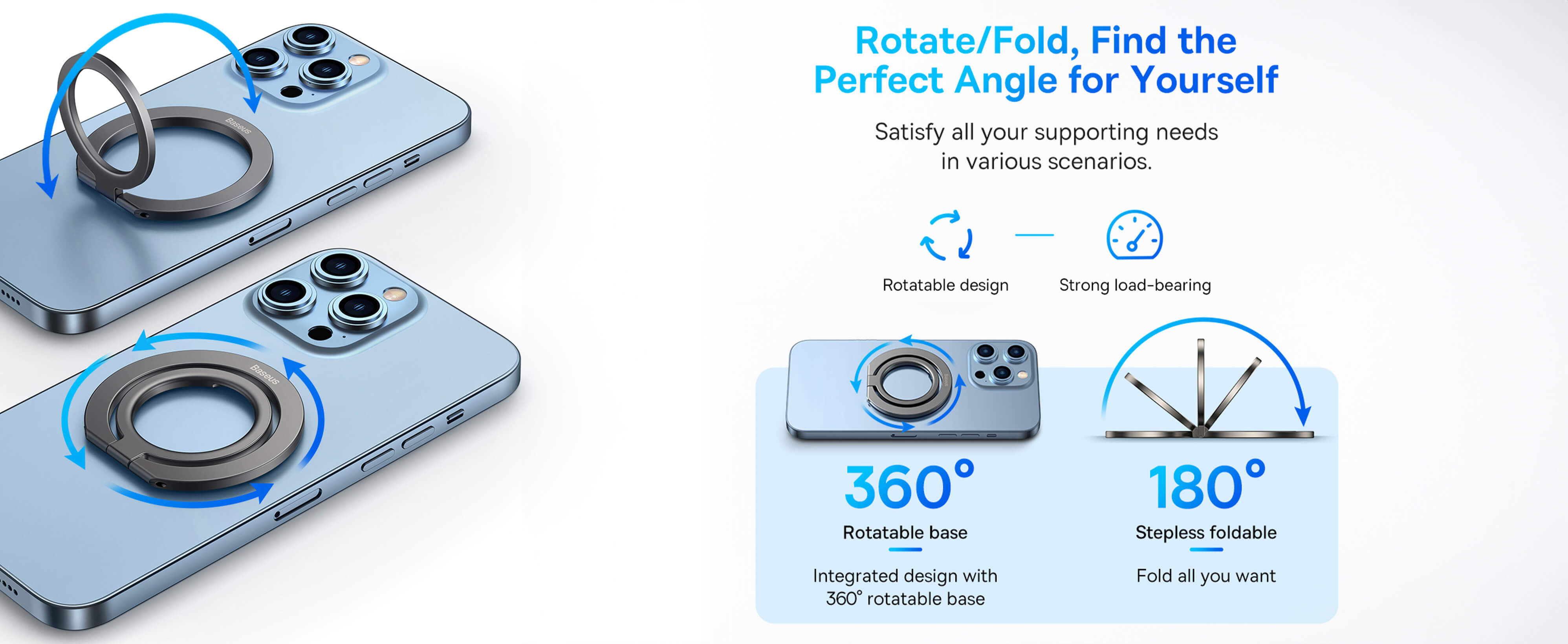 حامل حلقي معدني قابل للطي من سلسلة Baseus Halo | حامل حلقي مغناطيسي يدور 360 درجة وحامل لجميع الهواتف - رمادي