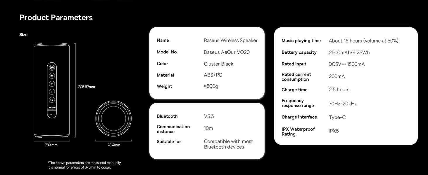 سماعات بلوتوث Baseus AeQur Series VO20 مع إضاءة RGB المحيطة | BT 5.3، وقت تشغيل 15 ساعة، صوت ستيريو عالٍ 15 وات، صوت جهير عميق - أسود