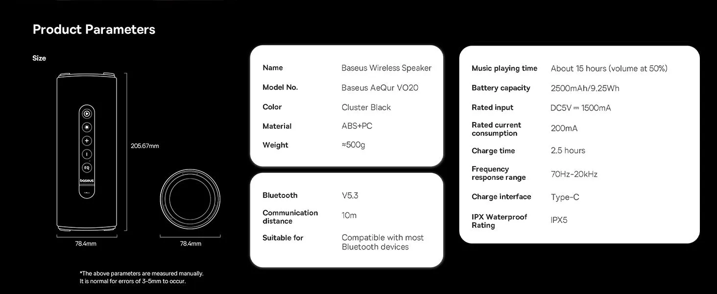 سماعات بلوتوث Baseus AeQur Series VO20 مع إضاءة RGB المحيطة | BT 5.3، وقت تشغيل 15 ساعة، صوت ستيريو عالٍ 15 وات، صوت جهير عميق - أسود