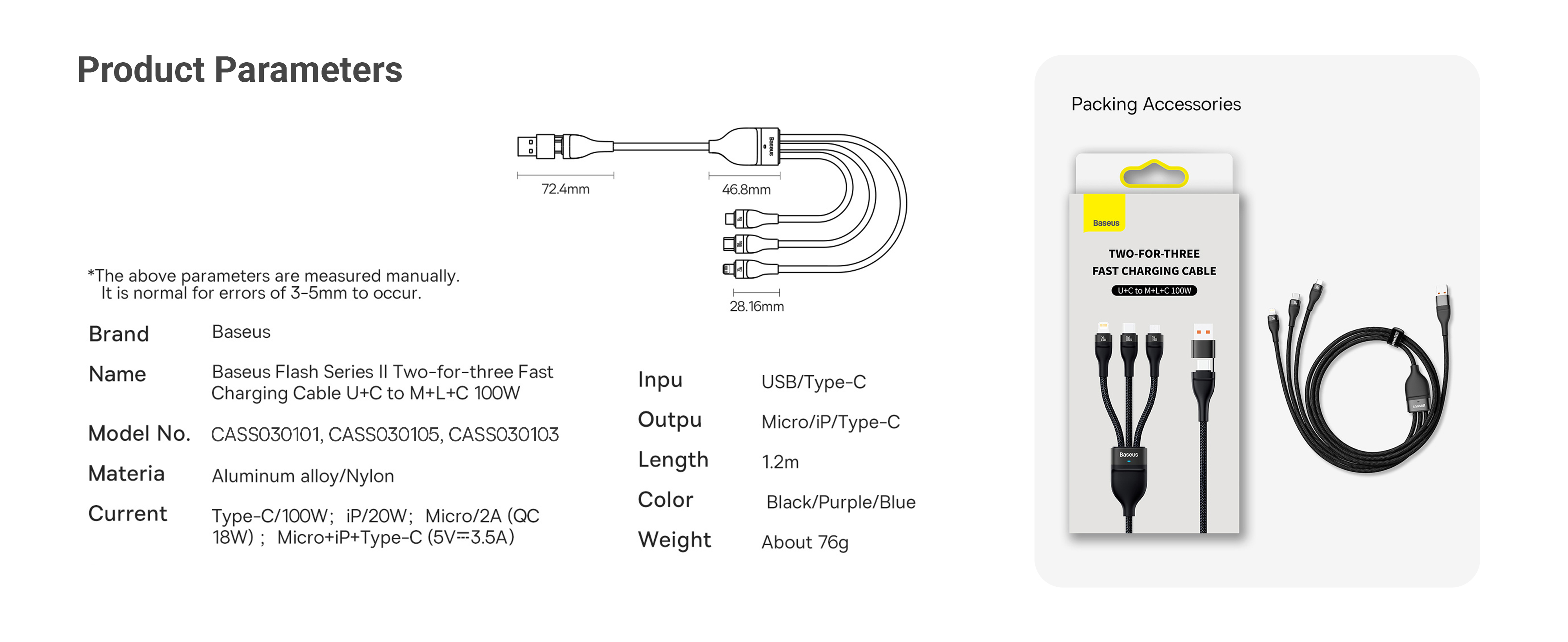 Baseus 100W Flash Series Multi Charging 3 in 1 Cable, Fast Charging USB Type C, Micro USB & USB to Lightning Cable 1.2m