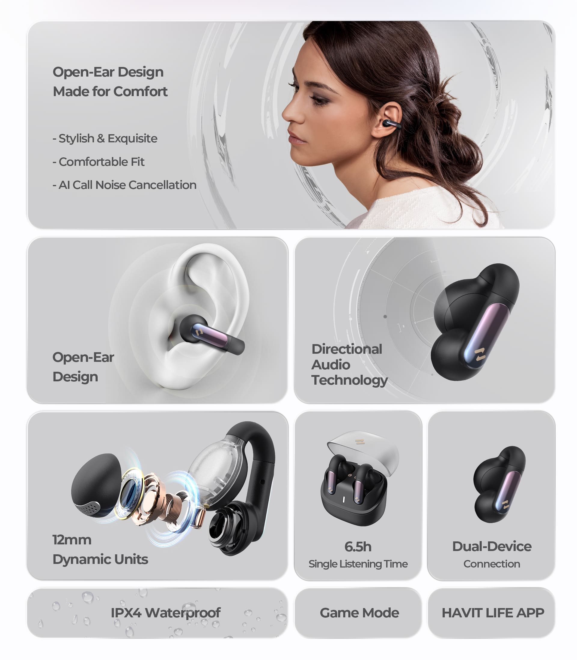 سماعات HAVIT OpenBuds مفتوحة الأذن FreeClip بتقنية بلوتوث 5.3 مع إلغاء ضوضاء ذكي AI، اتصال مزدوج، تحكم باللمس، شحن Type