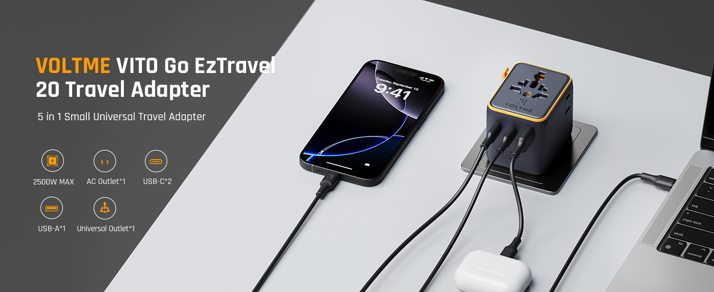 محول السفر العالمي 5 في 1 من فولت مي – شحن سريع 20 واط PD بمنفذي USB