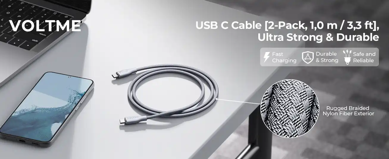كابل Voltme Powerlink Rugg مزدوج من النايلون من النوع C إلى النوع C 5A /1M (100W) رمادي Emarker